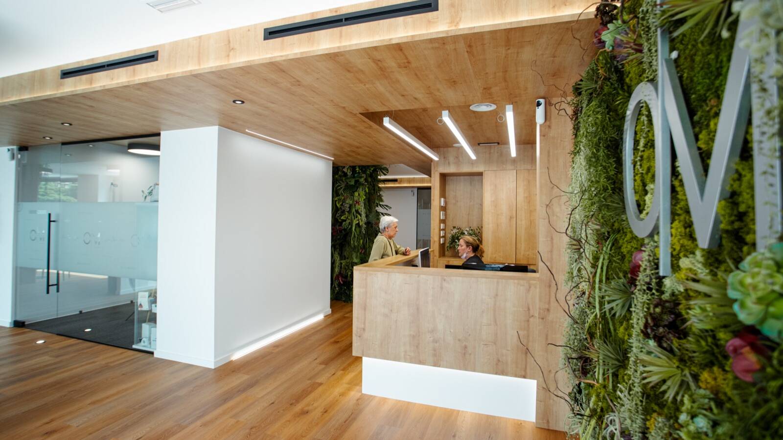 Recepción de una clínica dental moderna con mostrador de madera y muro vegetal: la primera impresión que se lleva el paciente